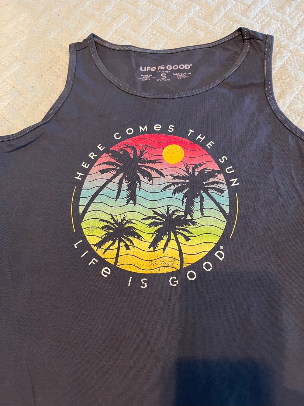 Life Is Good  Tank with Rainbow Sunset Palm Circle size S